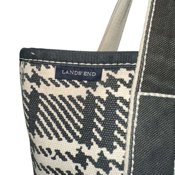 Lands’ End Large Canvas Tote Bag Black White Plaid Houndstooth Shoulder Carryall - Picture 12 of 15